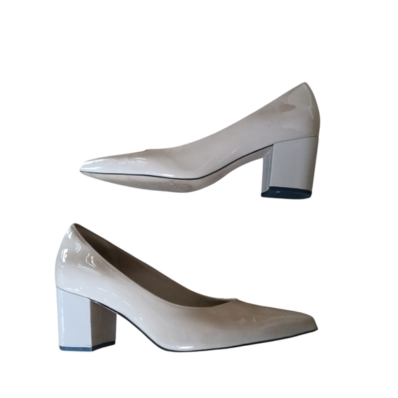 Clarks Beige Praline Patent Leather Classic Point Toe Block Heel Size 8 - Picture 9 of 12